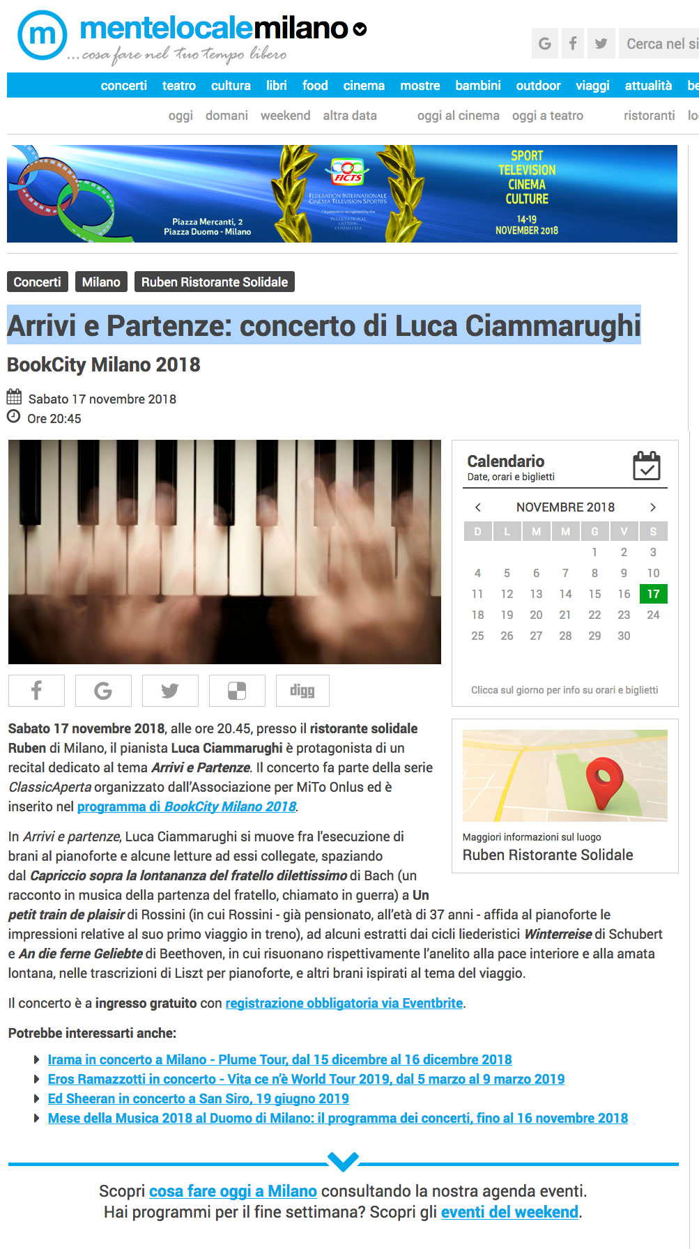 Arrivi e Partenze: concerto di Luca Ciammarughi - Ruben Ristorante Solidale - Milano